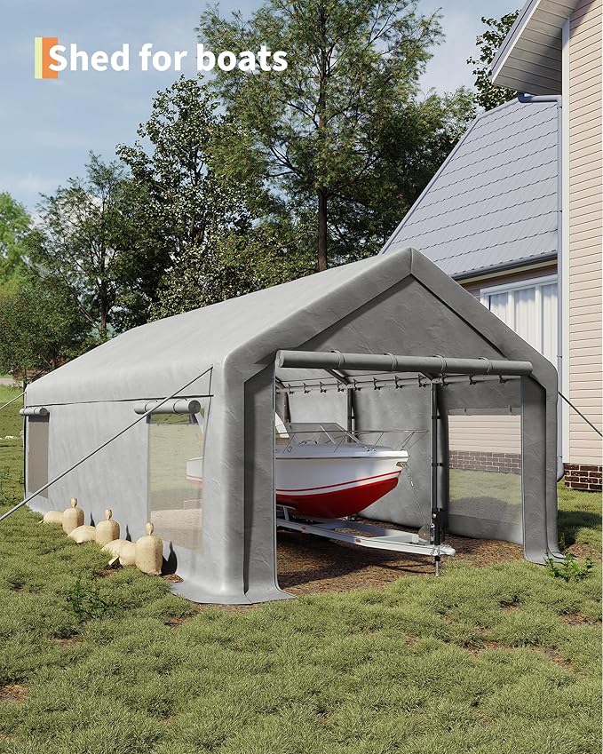 13x25 Ft Carport with 10 Sandbags, Car Port with 220g PE Tarp, 2 Roll-Up Doors - Image 6