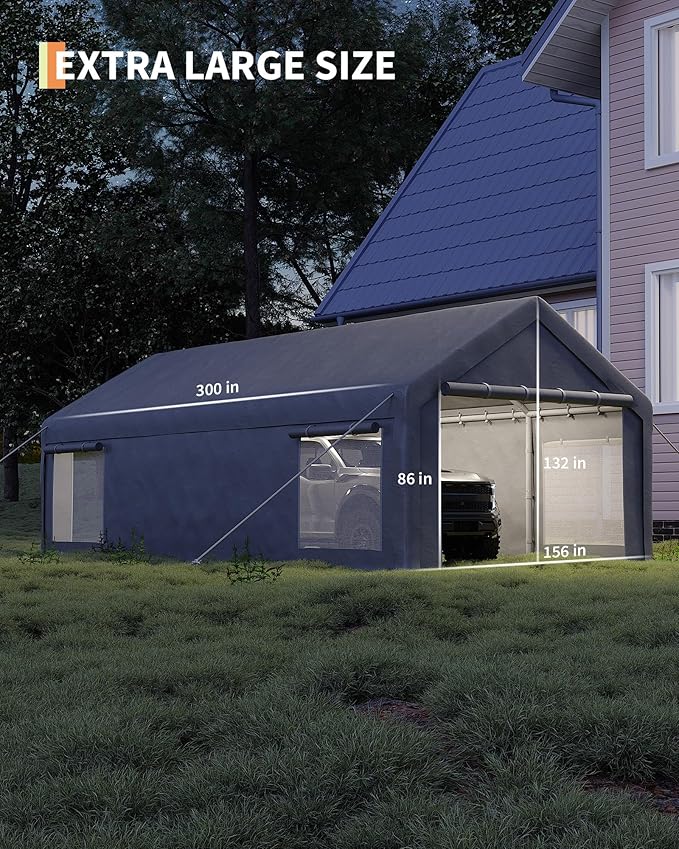 13x25 Ft Carport with 10 Sandbags, Car Port with 220g PE Tarp, 2 Roll-Up Doors - Image 3