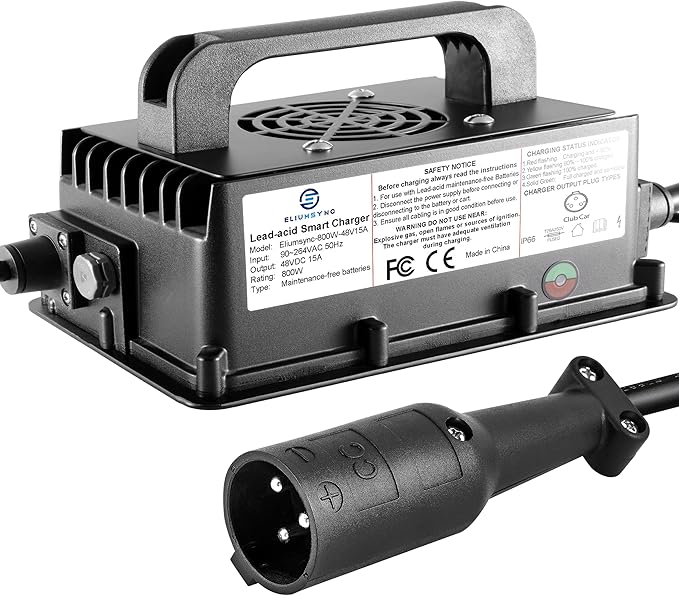 800W Lead Acid Battery Charger 48 Volt 15 AMP 3-Pin Round Plug Club Car Golf by Eliumsync