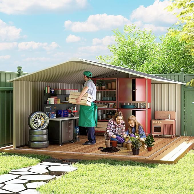 Outsunny 11' x 13' Outdoor Storage Shed, Garden Tool Metal Shed - Image 9