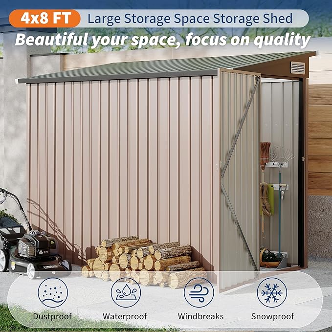 4x8 FT Metal Outdoor Lean to Storage Shed, Lean to Garden Shed Utility Tool Shed - Image 7