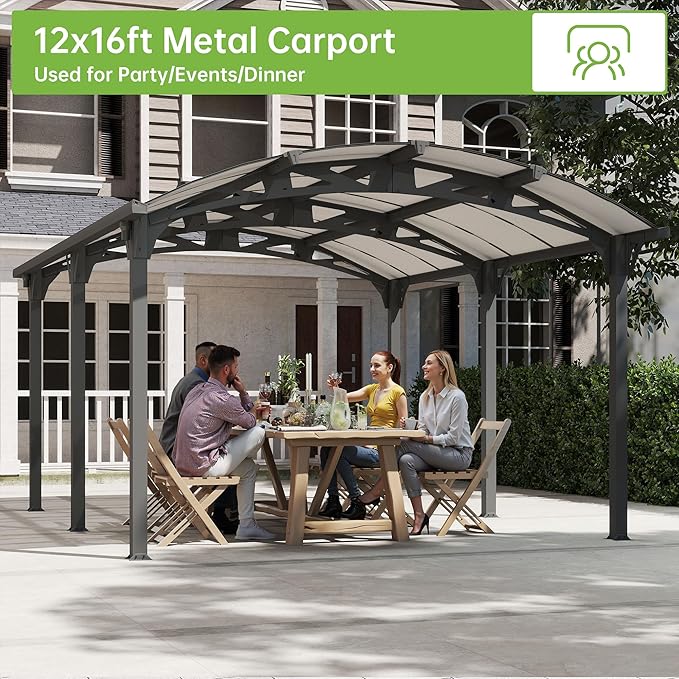 Real Relax 12x16ft Heavy Duty Metal Carport, Arch-Roof Polycarbonate Roof - Image 2
