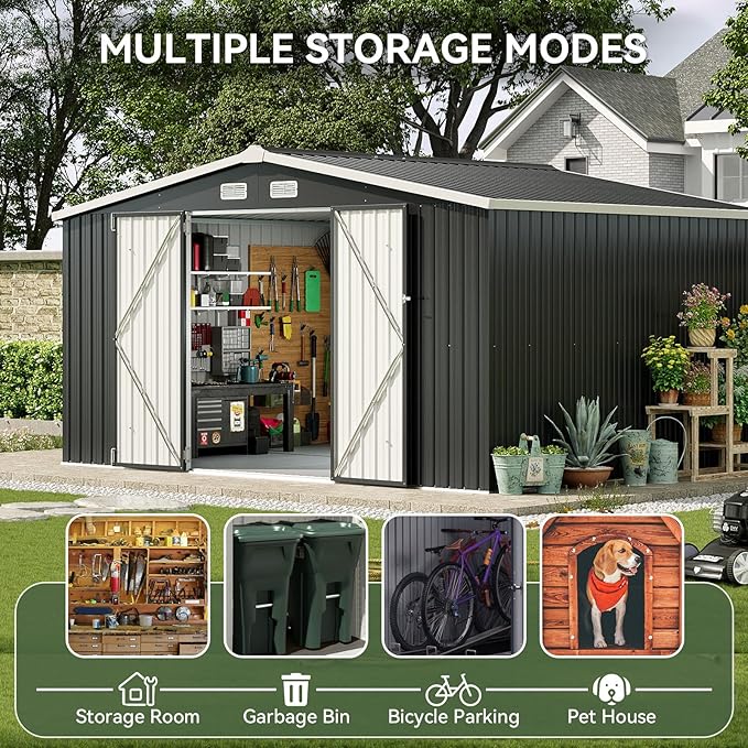 Aoxun 12x10 FT Shed Metal Outdoor Waterproof Storage Shed Steel Utility Garden - Image 7